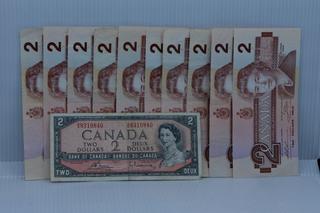 Lot of 11 Canada Two Dollar Bank Notes.