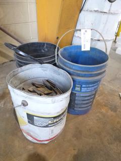 Qty Of (3) Buckets Of Assorted Nuts, Bolts, Scrap Metal And Threaded Fittings