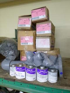 Qty Of CPVC SCH 80 Fittings, 2in Couplings, 1in Elbows, 2in X 2in X 1in Reducing Tees, 4in SCH 80 Elbows w/ Flanges, (2) Jars Of PVC Cement System 636 And (3) Jars Of Xirtec 24 CPVC Cement