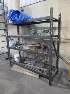 77in X 2ft X 78in Metal Shelving Unit  C/w Tarp, Lights, Come Along And Misc Supplies