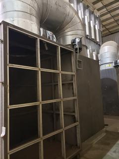 Paint Booth 16ft Tall x 16ft High x 45ft Long disassembled and stored in Shipping Container C/w Make up Air unit running in shop see photos for details. *NOTE Ducting And Motor Above Make Up Air Unit Belong To Lot 3, Buyer responsible for Load Out, Must be removed by July 31, 2020 Please Call Tony Alberda for more information 780-935-2619