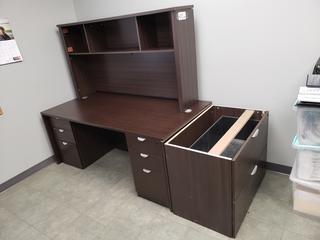 70 1/2in X 35 1/4in X 29in Office Desk C/w 66in X 12 3/4in X 36 1/2in Hutch And Filing Cabinet *Note: Missing Top, Desk Has Scratches*
