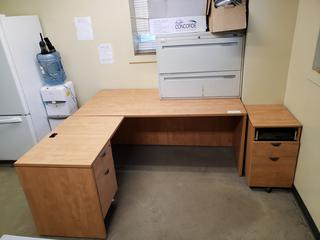 2-Part Desk C/w (2) Filing Cabinets And (2) Boxes Of Misc Supplies *Note: One Drawer Missing*
