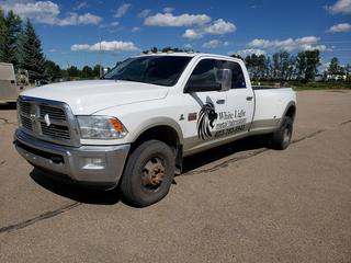 2010 Dodge Ram 3500 4X4 Dually Crew Cab Pick Up C/w 6.7L Cummins Turbo Diesel, 6Cyl, A/T And 8ft Box. Showing 201,546kms. VIN 3D73Y4CL9AG137850 *Note: Damage On Tail Gate, Damage On Rear Passenger Side Near Wheel Well, Cracked Tail Light, Dent In Rear Driver Side Near Wheel Well*
