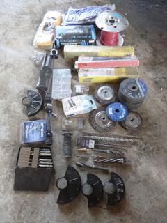 Qty Of Misc Welding, Grinding And Drilling Supplies Includes: Rod, Fittings, Magnetic Gauge, Horizon Gloves, Disposable Gloves, General Cable, Assorted Discs, Cable Connectors And Assorted Bits