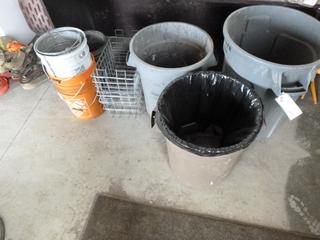 Qty Of (3) Garbage Cans C/w Metal Crates, Plastic Bins And Buckets