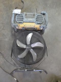 Dewalt DC012 Worksite Charger/Radio C/w Commercial 120V Fan *Note: Cord On Radio Has Been Repaired Before*