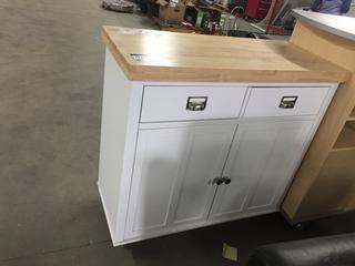 White with wood Top Cabinet on Wheels, L 38 1/2" x W 17 1/4" x H 37 1/8".