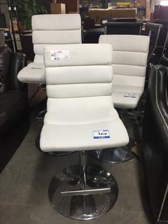 (3) White Leather adjustable Height Bar Stools.