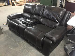 Dark Brown Leather Reclining Loveseat with Cupholders & Storage.