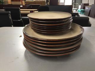 Brown Dish Set with (4) Mugs, (7) Desert Plates, (6) Dinner Plates.