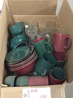 Set of Green & Red Coffee Mugs & Bowls & Assorted Glasses.