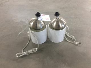 (2) Brushed Nickel, 6 " Around White Shade Pendant Light Fixtures.