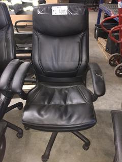 (2) Black Leather Rolling Office Chairs, (1) Has Ripped Arm.