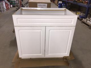 White Vanity With Cabinet Door, 36" Wide x 24 1/2" Deep x 34 1/2" Tall.