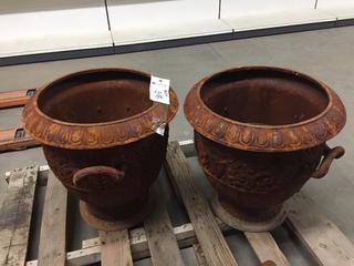 (2) Metal Designed Large Pots, Rusty, 19" Diameter x 19" Tall.