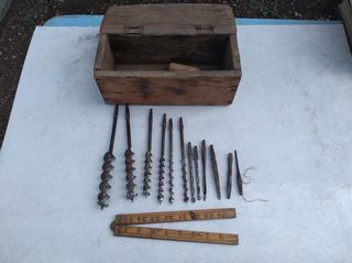 12 Piece Antique Hand Drill Bits & Reamers & Folding Ruler in Wooden Box.