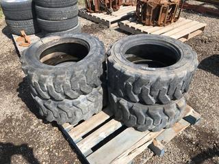 Selling Off-Site (4) 10-16.5 NHS Skid Steer Tires. Located at Beiseker, AB Viewing By Appointment Call Graham @ 403-968-7697. *Note: Buyer Responsible for Lifting and Loading.*