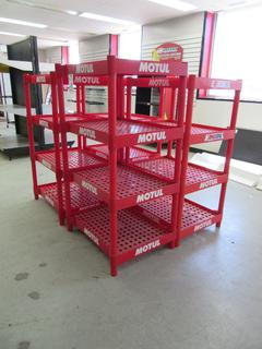 Off-Site - (4) Plastic Motul Shelves.  Call Chris For Viewing @ 403 512-2504. Location: 100, 6143 48 Ave. Red Deer, AB Note:  Buyer Responsible For Lifting & Loading. Items Available For Load Out July 28th to 31st, 9:00 am to 4:00 pm Only. Items Left Onsite After July 31st, 2020 Will Be Considered Abandoned.