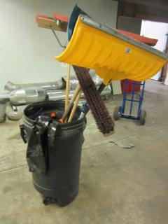 Garbage Can of Brooms, Shovels, Floor Mats