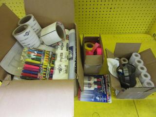 Box of Assorted Office Supplies, Shopping Bags, Rolls of Receipt Paper, Flagging Ribbon.