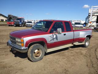 1990 Chevrolet Silverado 3500 4X4 Dually Extended Cab c/w 7.4L, A/T, Showing 229,061 KMS, Rhino Spray In Box Liner, Front Tires 245/75R16 At 80%, Rear Tires 225/75R16 At 70%, VIN 2GCHK39N3L1132255 *NOTE: Glove Box Broken, Cracked Rear Wheel Well*