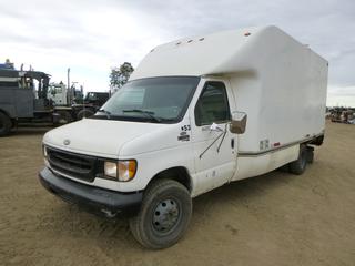 1997 Ford E350 Van Truck c/w Diesel, A/T, Showing 169,253 KMS, 245/75R16 Front Tires At 70%, 225/75R16 Rear Tires At 70%, Front Axle Rating 4,600 LB, Rear Axle Rating 7,810 LB c/w Shelving, 2 Automotive Seats, Insulated, Roll Up Door, Dually, VIN 1FDKE30FXVHA08353