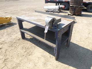 Wood Work Bench w/ Metal Top, C/w #6 Record Vice, 5' x 31" x 36" (Fichtenberg/Higher Ground Acreage Dispersal), (WR-3)