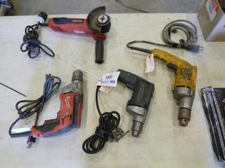 (3) Corded Drills, (1) Angle Grinder (C-1)