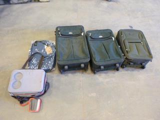 (2) Samsonite Suitcases, (1) Collapsible Cooler, (1) Eddie Bower Suitcase, (1) Sears Back Pack, (W3-3-3)