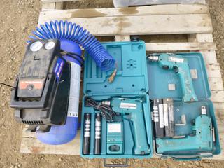 (3) Makita 9.6V Cordless Drills, (1) Campbell Hausefeld 3 Gallon Air Compressor, (W1-5-2)