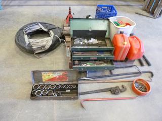 Qty Of Various Size C-Clamps, Wrench, Industrial Heater Sock, Assorted Files and Sockets, (2) 10L Used Gas Cans (Fichtenberg/Higher Ground Acreage Dispersal), (WR-4)