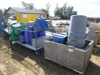 Industrial Cart on Wheels w/ Recycle Bins, Wood Crate w/ Garbage Cans & Lids, (WR-4)