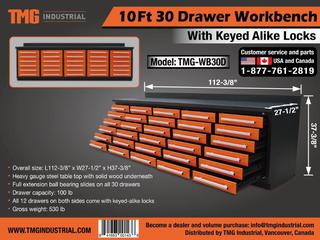 10FT Heavy Duty 30 Drawer Work Bench Orange