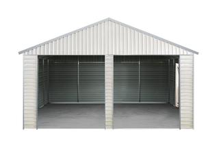 2020 Unused 21Ft x 19Ft Double Garage Metal Shed c/w: (2) 8.5ft front door openings (door not included) and one side entrance door