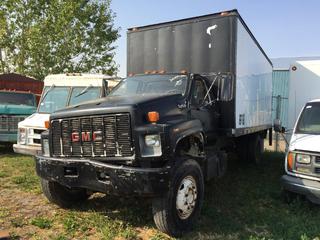 Selling Off-Site - 527 North 200 East, Raymond, AB -  1991 GMC Top Kick Box Truck c/w V8, Auto,  Showing 306,184 kms. S/N 1GDE5H1P8MJ509329. Note: No Keys. 