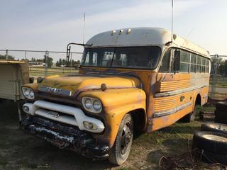 Selling Off-Site - 527 North 200 East, Raymond, AB -  1958 GMC School Bus Camperized c/w V8, Standard, S/N 89452609237. Note: Kms Unknown, No Key.
