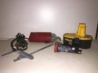 DeWalt 18V Battery, Snap-On 7.2V Battery & Oregon Chainsaw Sharpener.