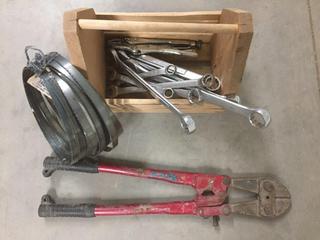 Assorted Band Saw Blades, Wrenches & Bolt Cutters.