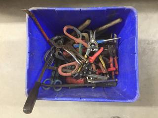 Bin of Assorted Hand Tools, Snips, Pry Bars, Etc.