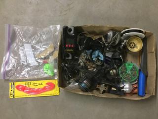 Assorted Fishing Reels, Fish Scale, Knife, Etc.