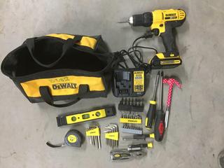 DeWalt Toolbag Containing Bits, Allan Wrenches, Cordless Drill, Battery & Charger.