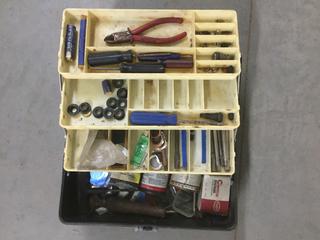 Tackle Box With Assorted Hand Tools, Patches, Etc.