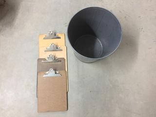 Metal Trash Can & Clip Boards.