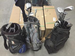 (3) Golf Bags With Assorted Clubs.