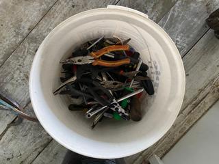 Selling Off-Site - 527 North 200 East, Raymond, AB -  White Bucket of Miscellaneous Tools.