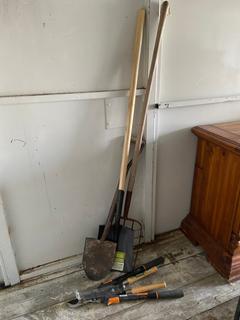 Selling Off-Site - 527 North 200 East, Raymond, AB -  Bundle of (2) Shovels, Pitch Fork, Garden Shears.
