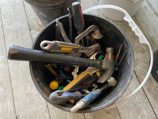 Selling Off-Site - 527 North 200 East, Raymond, AB -  Bucket of Misc Tools. Hammer, Vise Grips, Screwdriver, Adjustable Wrench, and More.