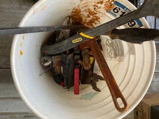 Selling Off-Site - 527 North 200 East, Raymond, AB -  Bucket of Misc Tools, Pipewrench, Ply Tools, and More.