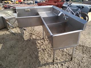 Stainless Steel 3 Basin "L" Shaped Dish Pit, 25"x43"x72" & 54".